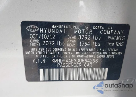 2013 Hyundai Elantra Gls from USA, damaged, VIN KMHDH4AE3DU664296
